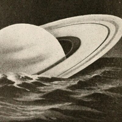 Illustration of Saturn floating on a vast body of water