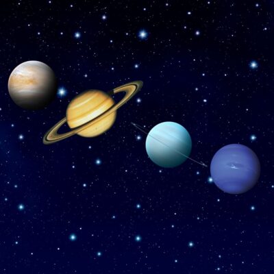 Venus, Saturn, Uranus, and Neptune set against a starry background