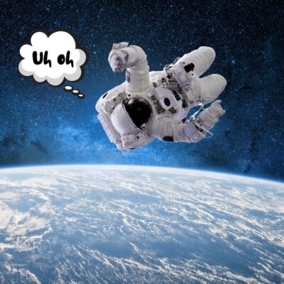 Astronaut floating above Earth with thought bubble saying 'Uh oh'