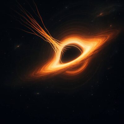 Glowing orange-black hole with light trails stretching into darkness