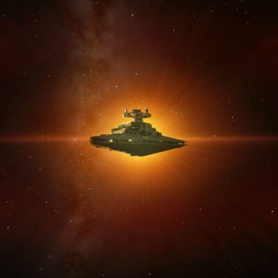 Star Wars Imperial Star Destroyer floating in space with a glowing star behind