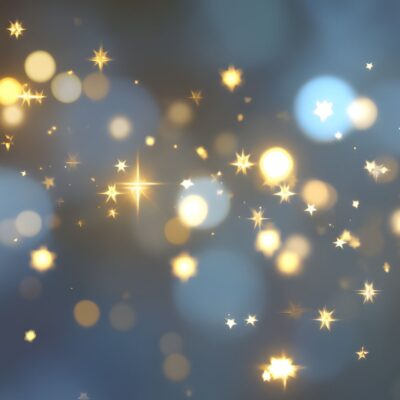 Glowing stars and light orbs scattered across a dark blue sky