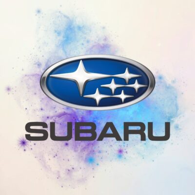 Subaru logo with six silver stars and bold text on a colorful background