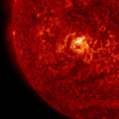 Close-up of the Sun showing a glowing solar flare on its surface