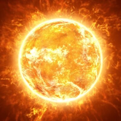 Glowing surface of the Sun with intense solar flares and heat