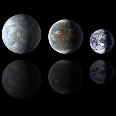 Three planets, including a super-Earth and Earth, shown side by side with reflections