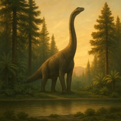 Sauroposeidon dinosaur stands near a forested lake during sunrise