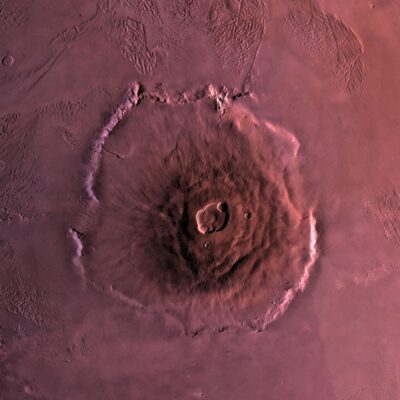 Aerial view of Olympus Mons, a massive shield volcano on Mars