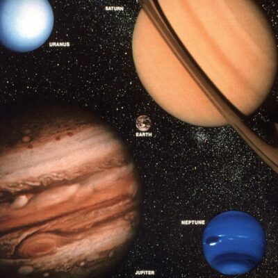 Labeled planets including Uranus, Jupiter, Saturn, Earth, and Neptune against a starry background