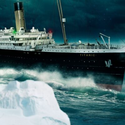 Titanic approaches an iceberg in rough ocean waters at night