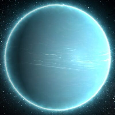 Blue-green planet Uranus surrounded by distant stars in space