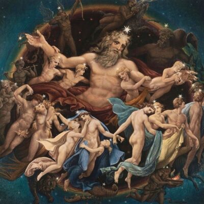 Ouranos, the Greek god of the sky, surrounded by celestial figures and constellations