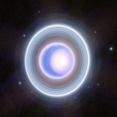 Uranus shown with glowing rings and a tilted axis in space
