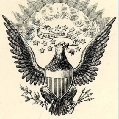 Bald eagle holding arrows and olive branch beneath 'E Pluribus Unum' banner