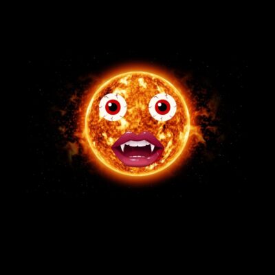 Sun with cartoon vampire eyes, fangs, and lips against black space