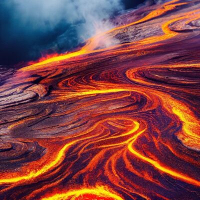 Flowing lava with glowing orange and red swirls, emitting steam