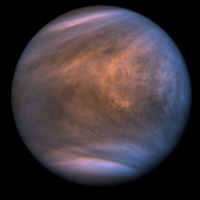 False-color image of Venus showing swirling upper atmosphere clouds