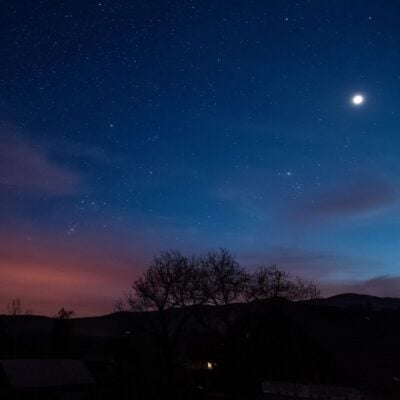 Bright Venus shines in the twilight sky above silhouetted trees and rooftops