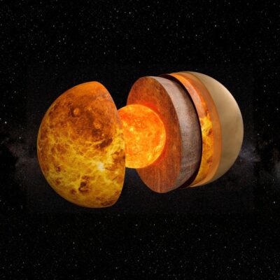 Cross-section illustration of Venus showing its internal layers in space