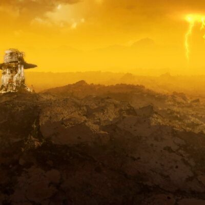 Damaged spacecraft on Venus-like rocky terrain under yellow sky with lightning