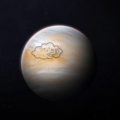 Planet Venus with a cartoon wind cloud illustration on its surface
