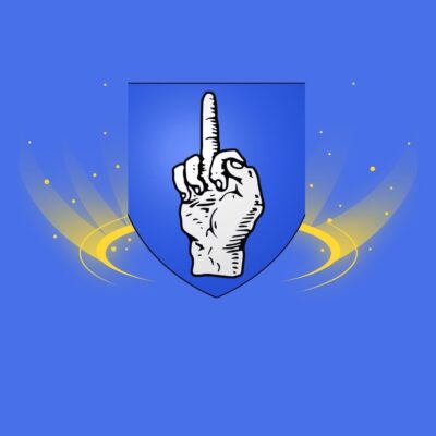 Illustrated hand giving the middle finger on a blue shield background