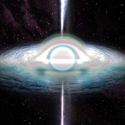 Illustration of a white hole emitting light and matter into space