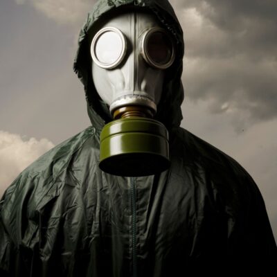 Person in hazmat suit and gas mask under cloudy sky