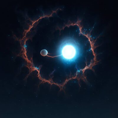 A white dwarf and companion star surrounded by glowing supernova remnants