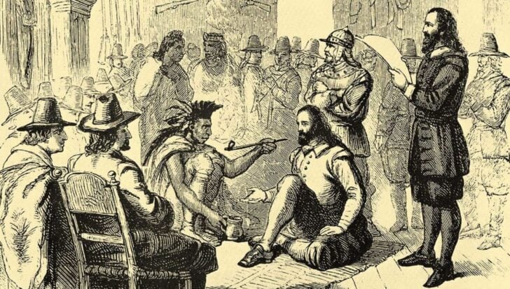 Wampanoag chieftan Massasoit and governor John Carver smoking a peace pipe