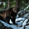 A wolverine standing on a snowy forest floor surrounded by trees and rocks