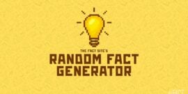Pixelated light bulb centered above bold text 'Random Fact Generator' on a yellow background with book and star patterns