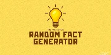 Pixelated light bulb centered above bold text 'Random Fact Generator' on a yellow background with book and star patterns