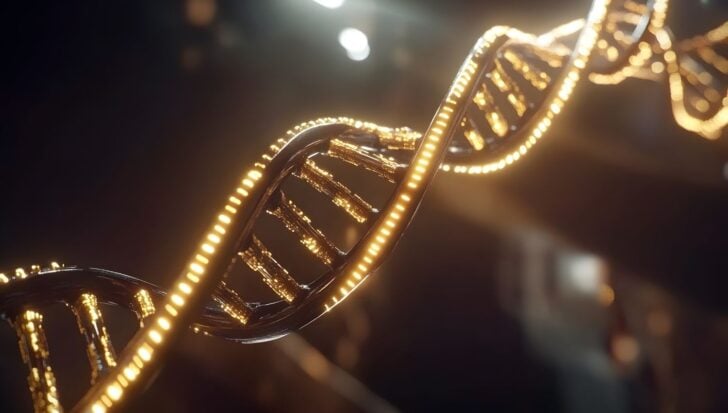 Close-up view of a DNA strand with glowing elements