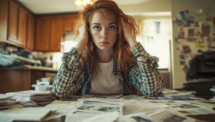 A person looking stressed with hands on head, surrounded by papers in a kitchen setting