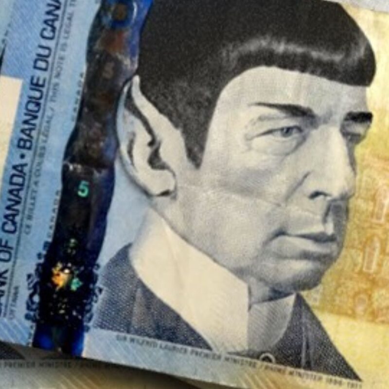 Canadian $5 bill with Sir Wilfrid Laurier altered to resemble Mr. Spock