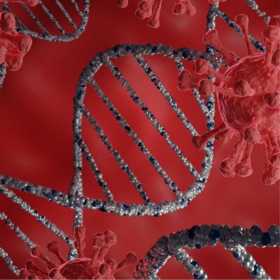 DNA strands intertwined with virus particles on a red background