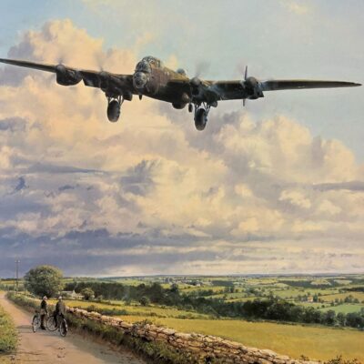 Bomber aircraft flying low over countryside as two cyclists watch from a dirt road