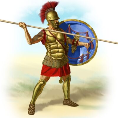 Ancient Roman soldier in armor holding a spear and blue shield