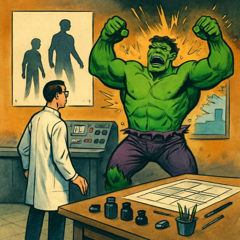 Bruce Banner transforms into the Hulk in a lab as equipment sparks