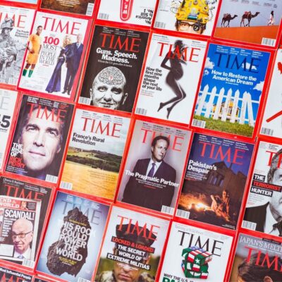 Various Time magazine covers featuring global leaders, headlines, and cultural topics