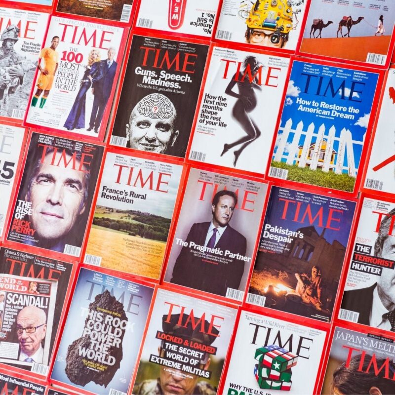 Various Time magazine covers featuring global leaders, headlines, and cultural topics
