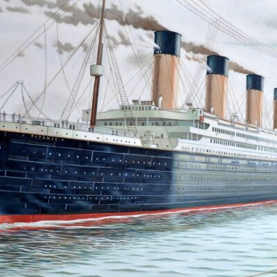 Illustration of the RMS Titanic sailing at sea with smoke rising from its funnels