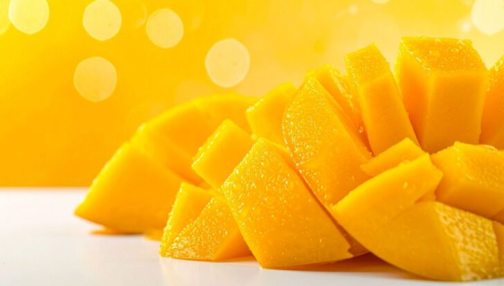 Chunks of ripe, juicy mango with a vibrant yellow background