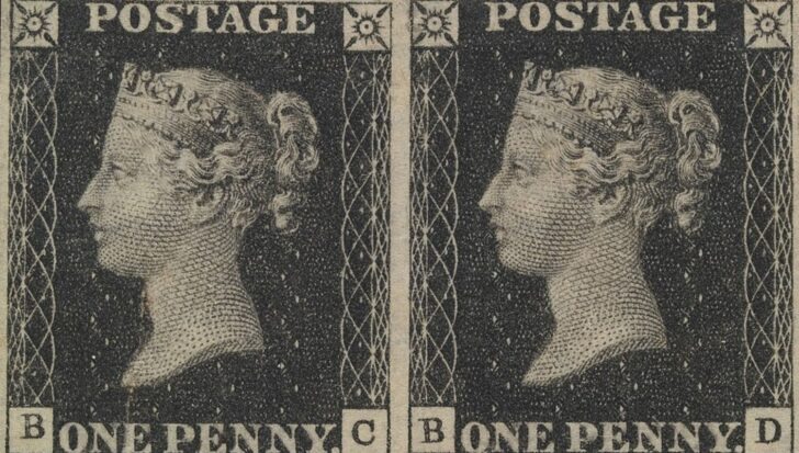 Two vintage postage stamps featuring portraits of a crowned woman in profile labeled as one penny