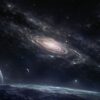A vast view of outer space featuring a spiral galaxy, distant planets, and stars set against a dark cosmic background