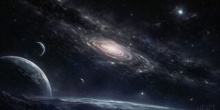 A vast view of outer space featuring a spiral galaxy, distant planets, and stars set against a dark cosmic background