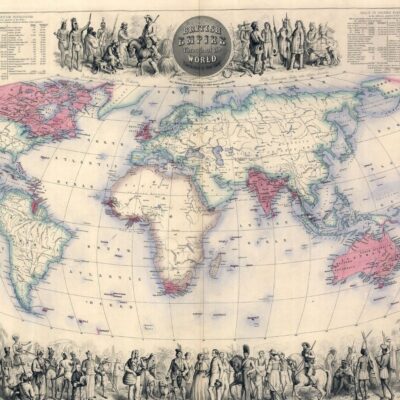 Map showing British Empire territories in pink with colonial figures around the border
