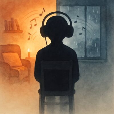 Person wearing headphones, sitting between a cozy room and a rainy window