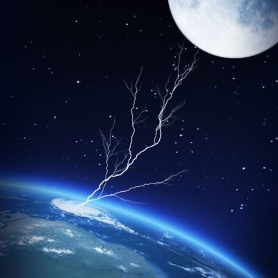 Lightning bolt striking Earth with the moon visible in space